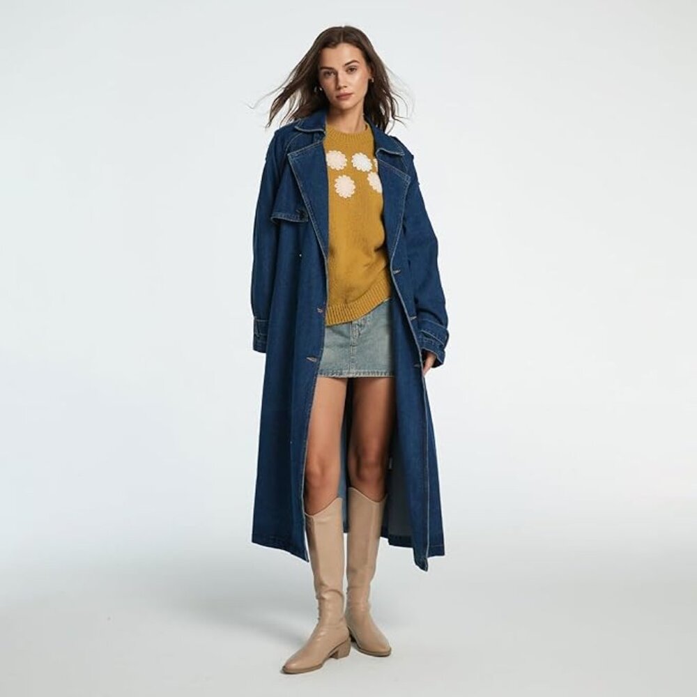 Women's Lapel Denim Trench Coat Long Sleeve Double Midi Classic Breasted Jackets - Picture 3 of 7